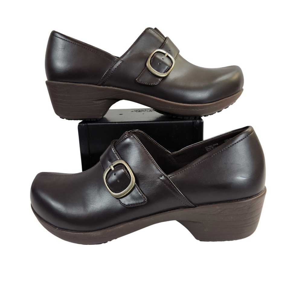 Safe Step Women Dark Brown Leather Comfort Slip On Clogs Shoes Size 9.5
